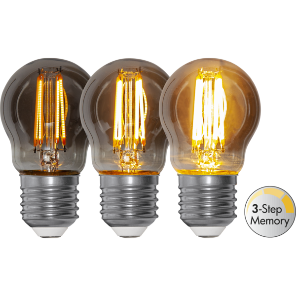 LED litet klot smoke softglow 3-steg minne 2,9W 25-150lm 2200K E27