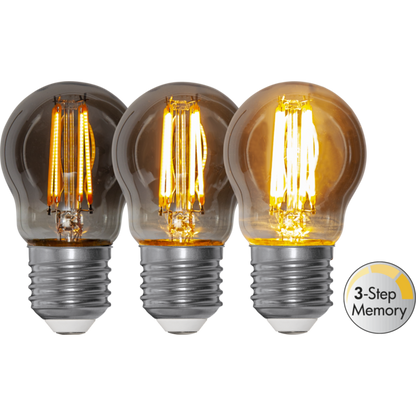 LED litet klot smoke softglow 3-steg minne 2,9W 25-150lm 2200K E27