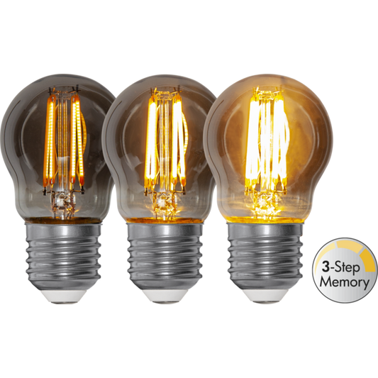 LED litet klot smoke softglow 3-steg minne 2,9W 25-150lm 2200K E27