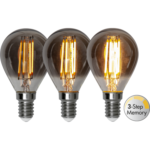 LED litet klot smoke softglow 3-steg minne 2,9W 150lm 2200K E14